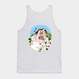 Ukrainian Folk Doll, Motanka. Native home, apple blossom, a stork flies in the blue sky. Tank Top